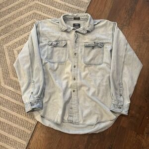 100% Pure Stuff Button Up Men's XL Blue Light Wash Denim Long Sleeve Cotton